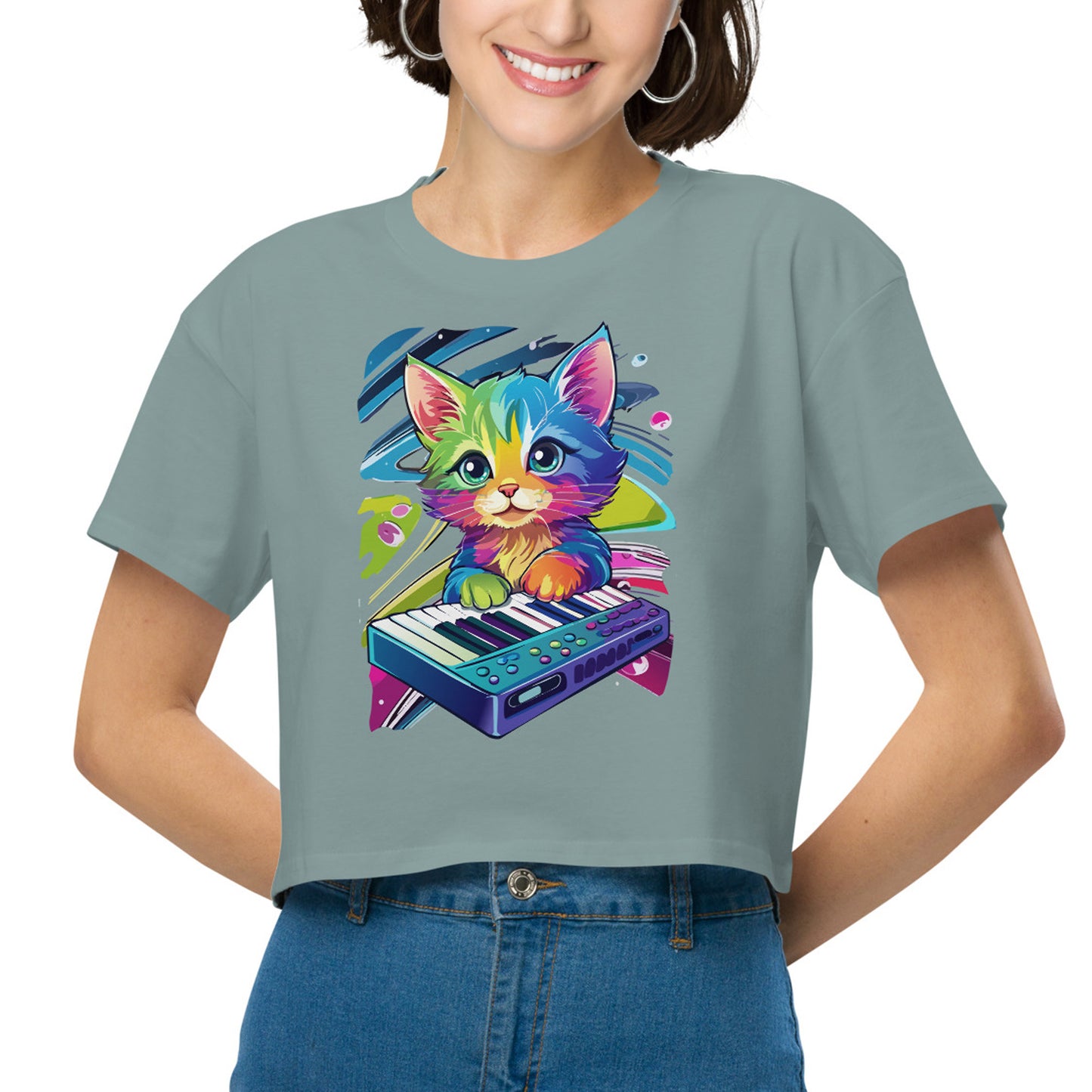 Cosmic Keyboard Kitten Relaxed Crop Tee