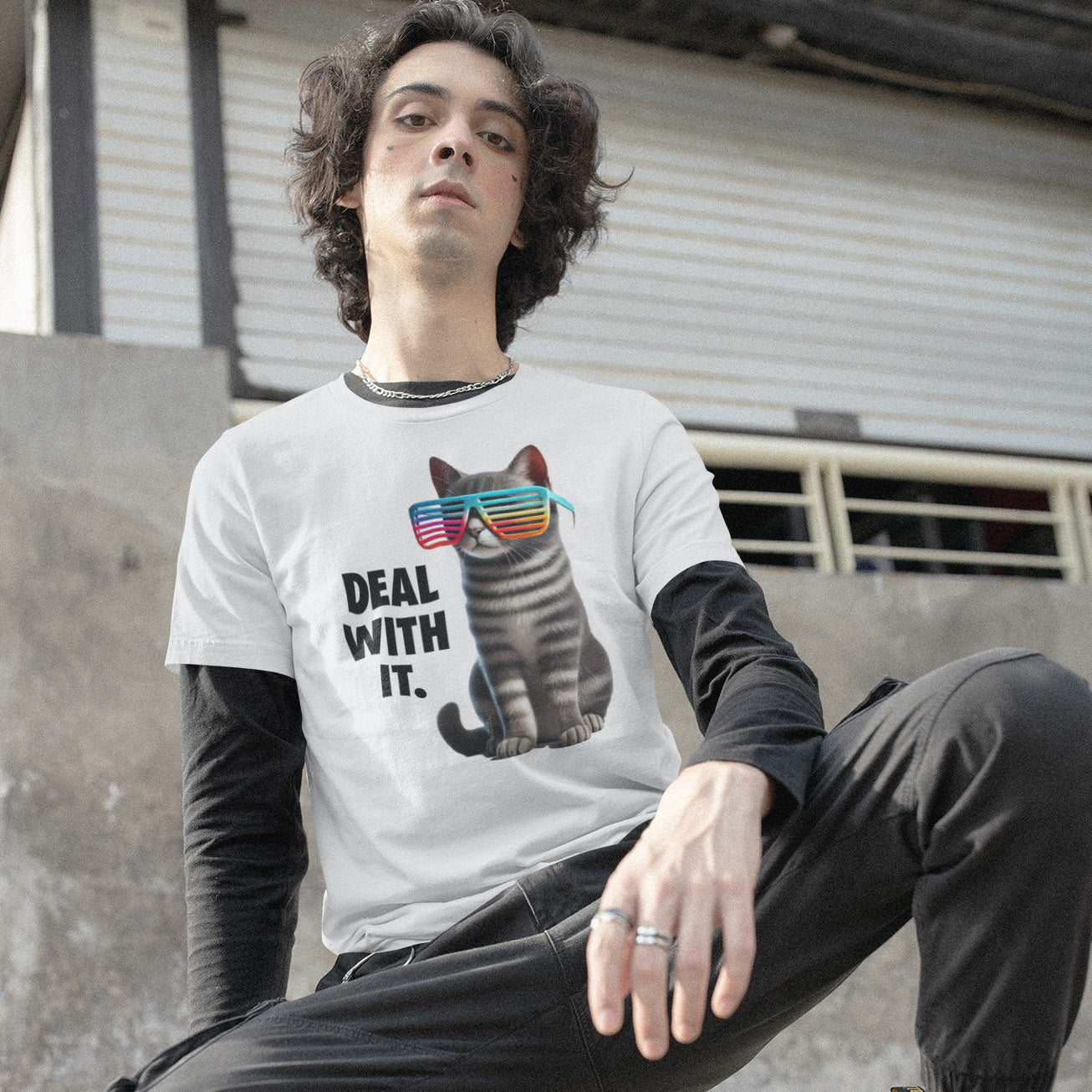 A man wearing Deal With It Unisex Tee, white