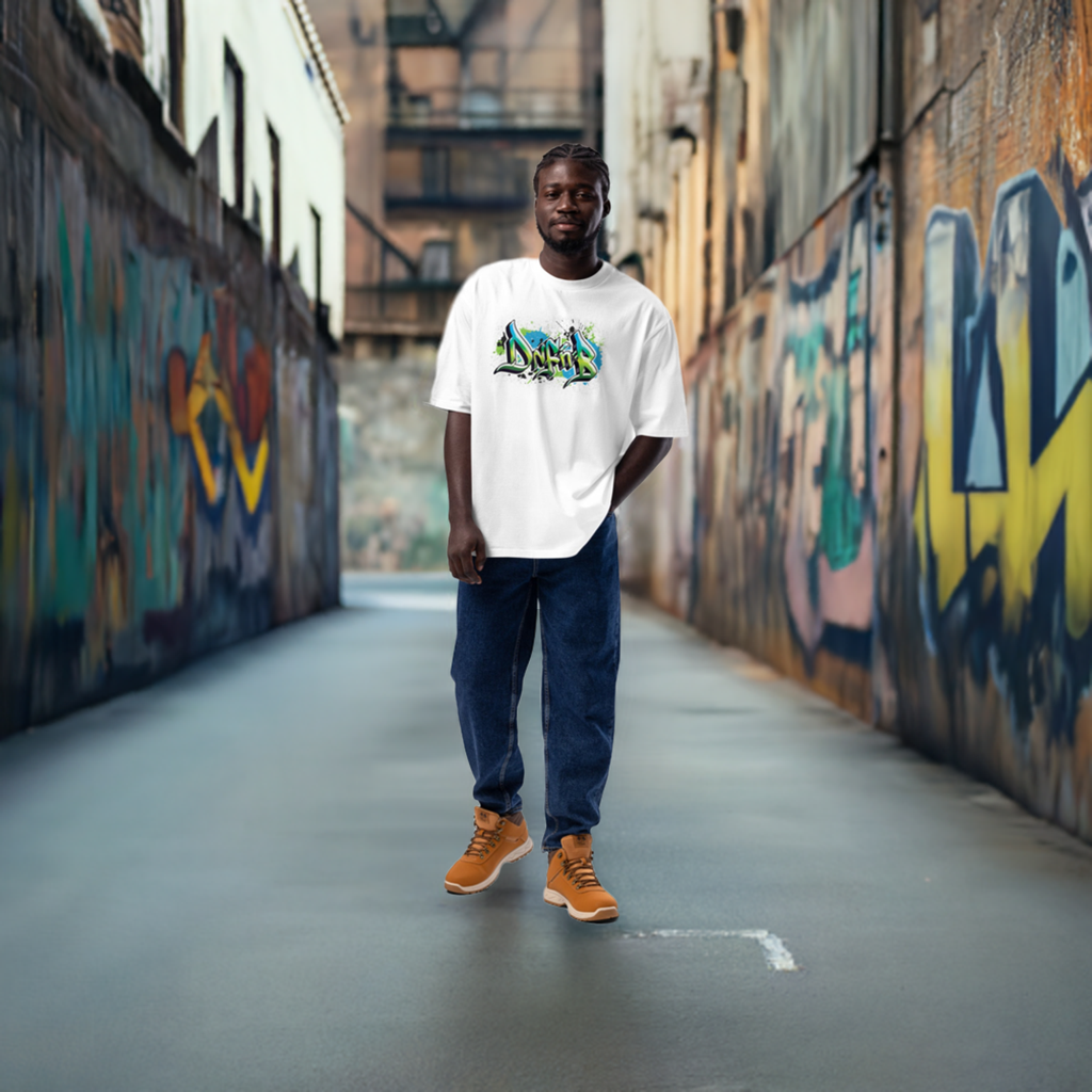 A man wearing DnF'nB Oversized Graff Tee, white