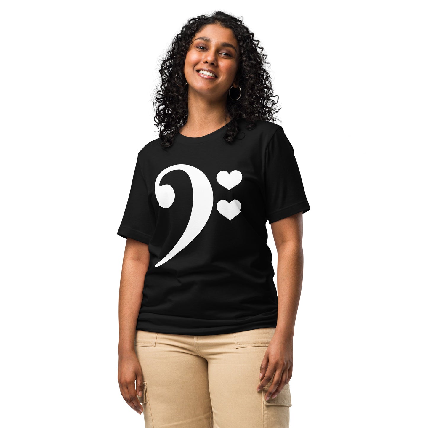 A woman wearing For The Love of Bass Unisex Tee, black