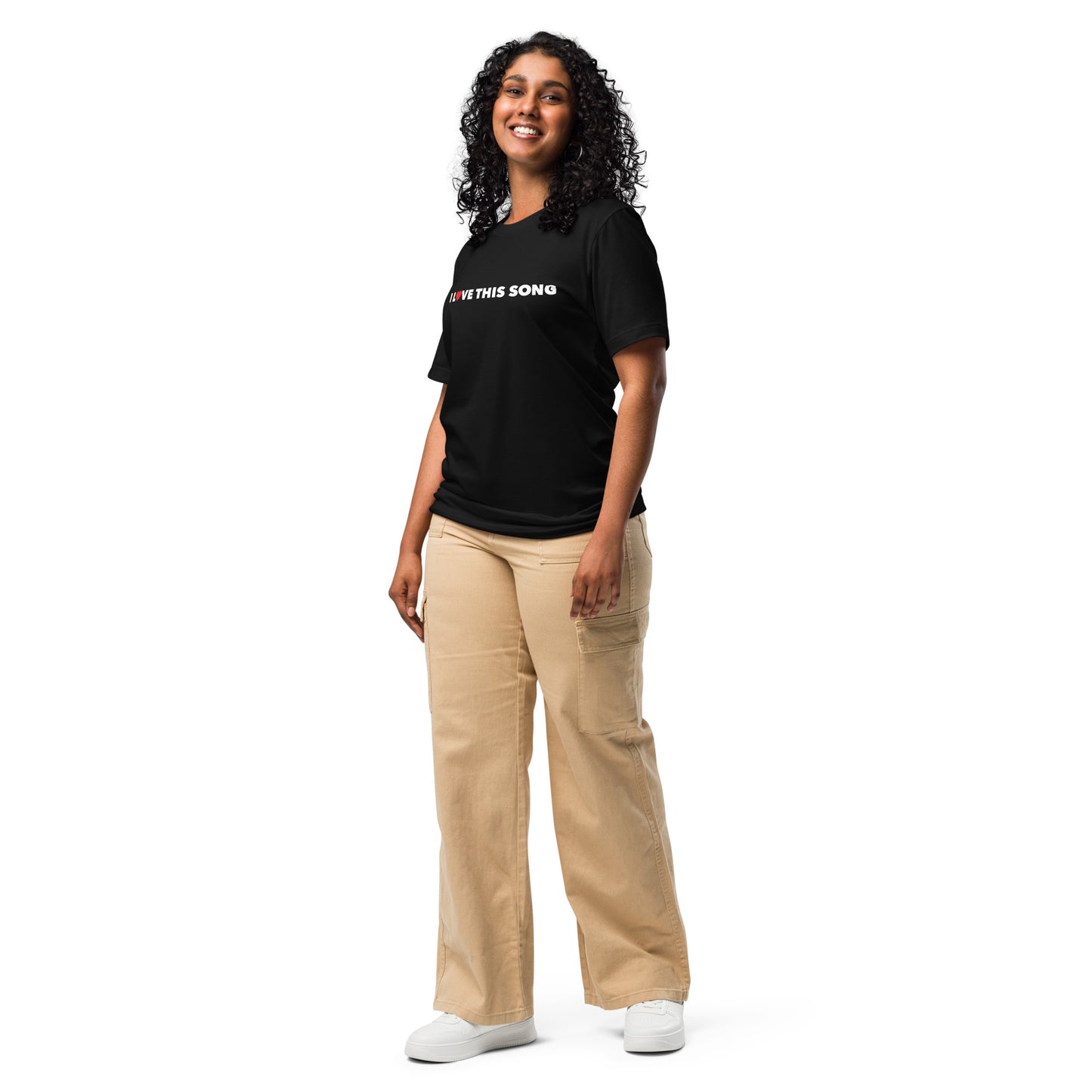 A woman wearing I Love This Song Statement Tee, black
