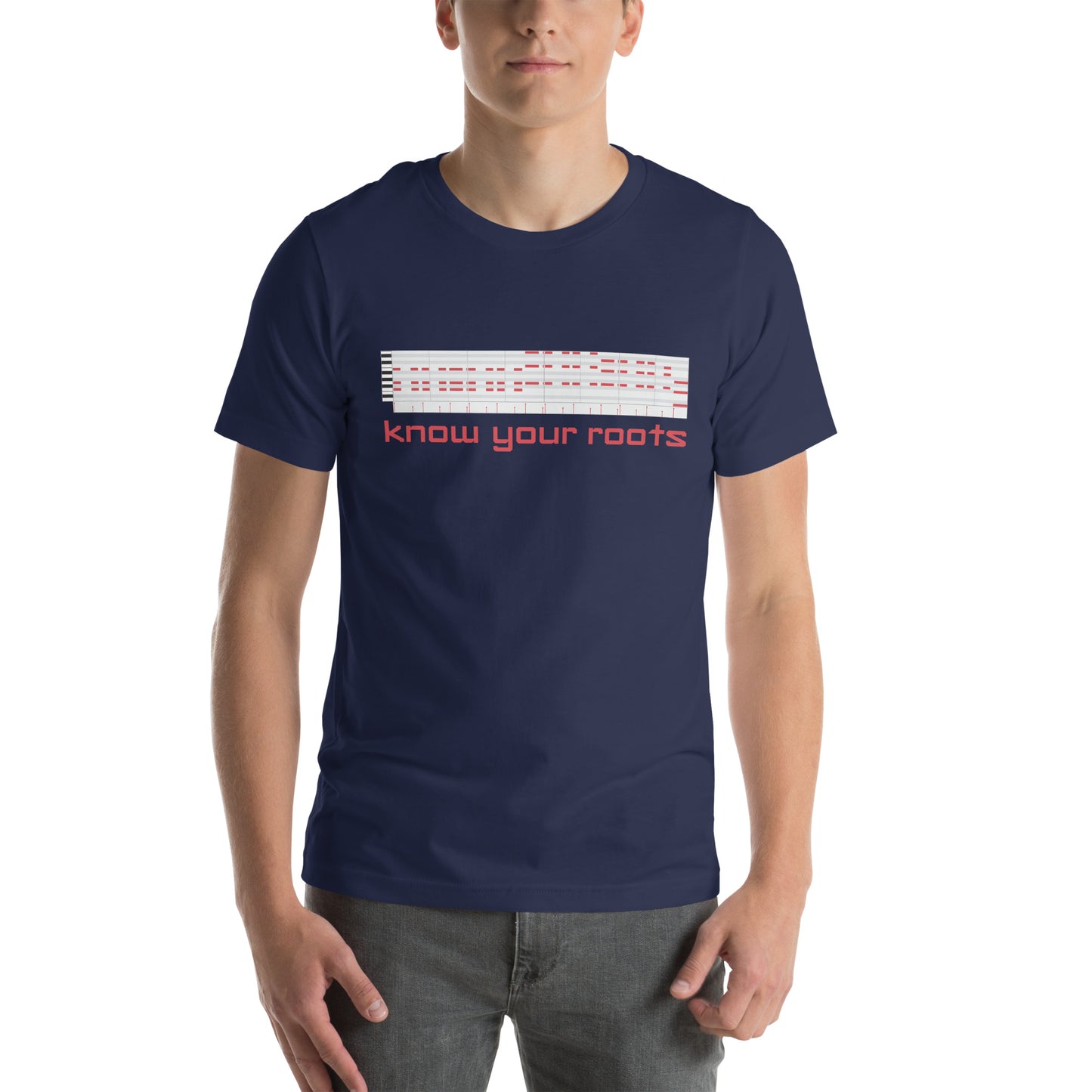 A man wearing Know Your Roots MIDI Classic Tee, navy