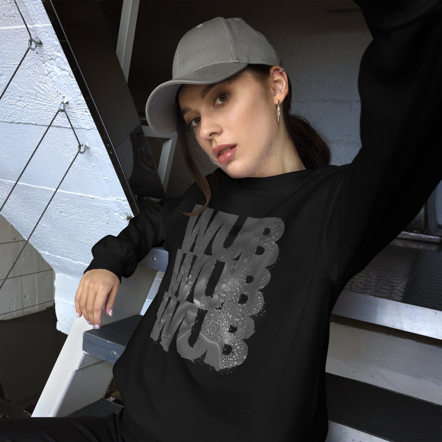 A woman wearing Limited Edition Wub Wub Wub Midnight Unisex Sweatshirt