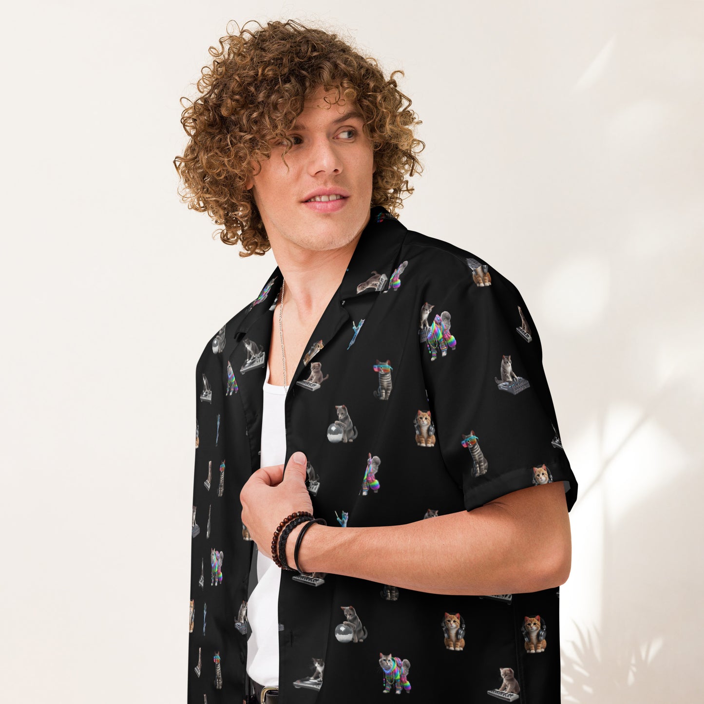 A man wearing Rave Cats Relaxed Fit Button Shirt, black