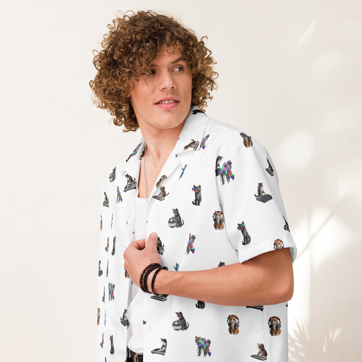 A man wearing Rave Cats Relaxed Fit Button Shirt, white