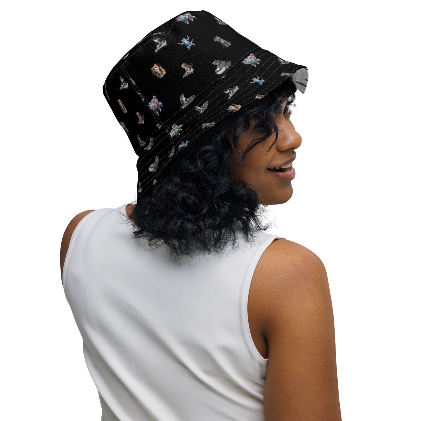 A woman wearing Rave Cats Reversible Bucket Hat, black side