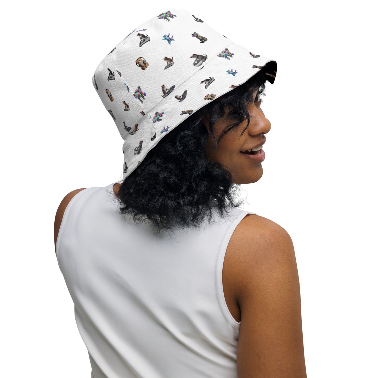 A woman wearing Rave Cats Reversible Bucket Hat, white side