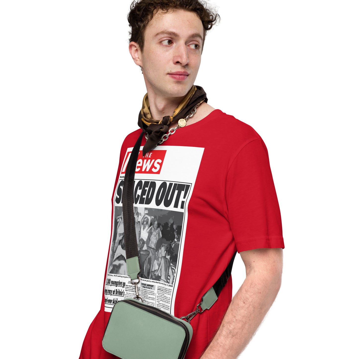 A man wearing Spaced Out! Second Summer of Love Tee, red