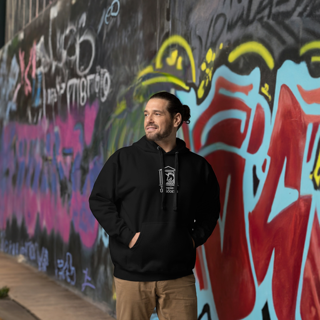 A man wearing Temple of Unicorns Embroidered Hoodie, black
