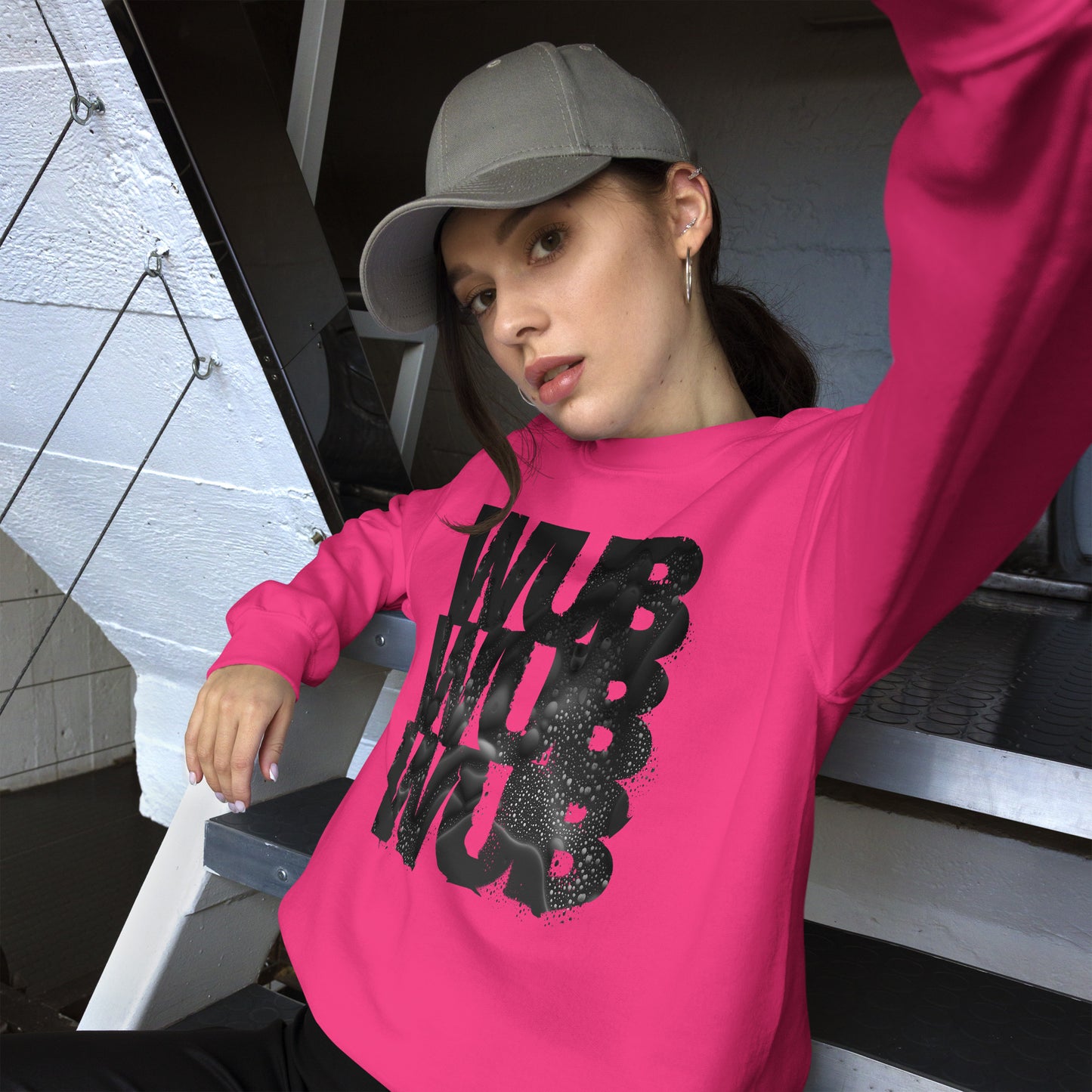 A woman wearing Wub Wub Wub Unisex Sweatshirt, heliconia