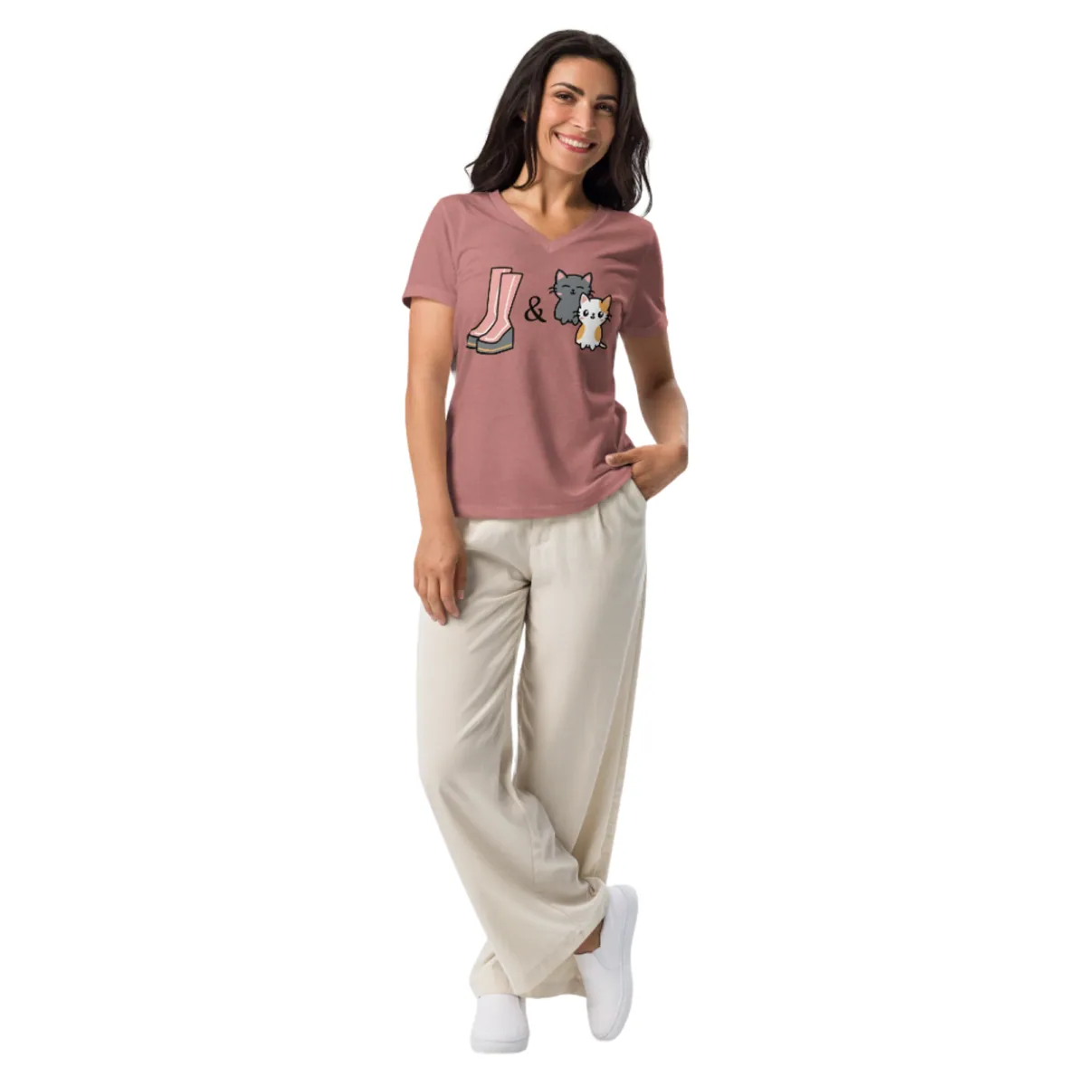 Boots & Cats Women's V-Neck Shirt, heather mauve, model