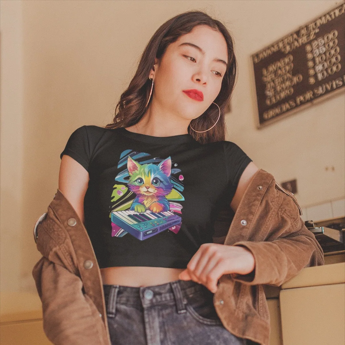 Cosmic Keyboard Kitten Fitted Crop Tee