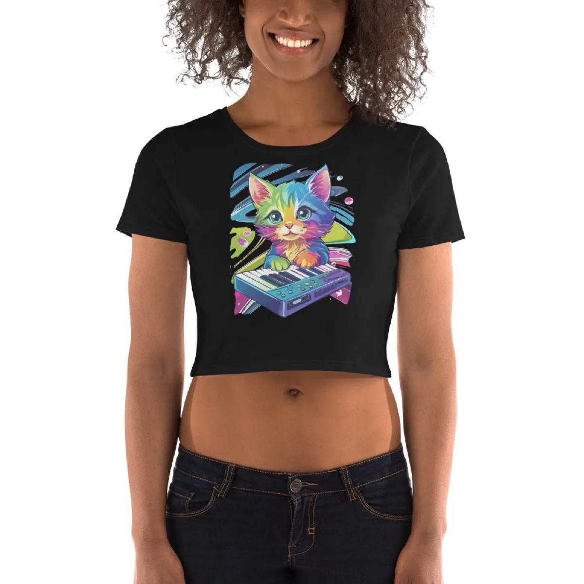 Cosmic Keyboard Kitten Fitted Crop Tee