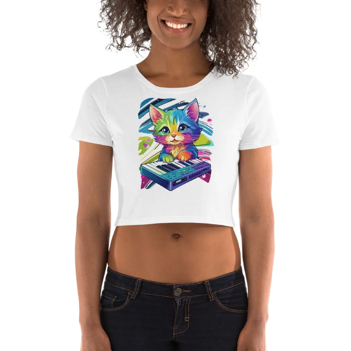Cosmic Keyboard Kitten Fitted Crop Tee