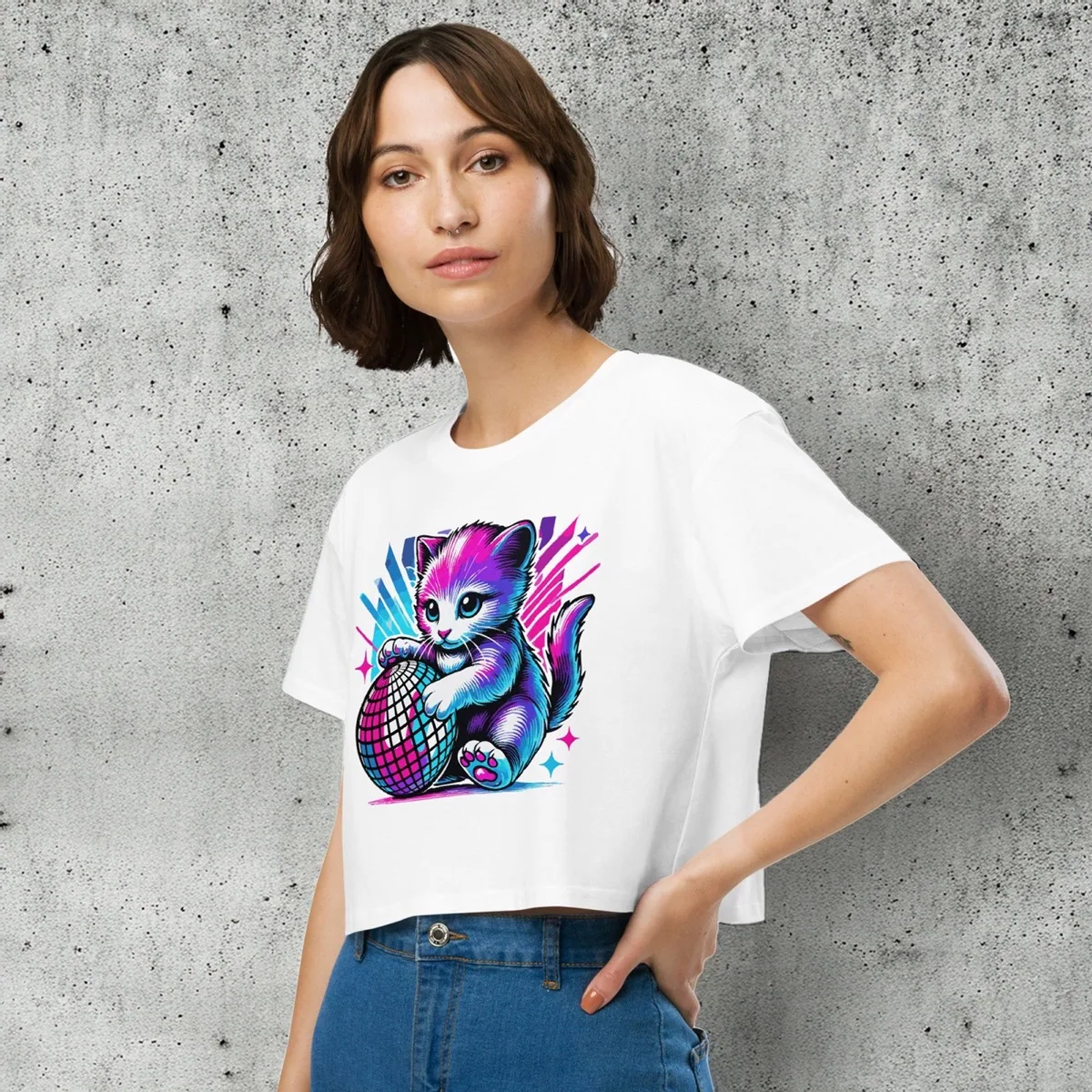 Disco Kitten Relaxed Crop Tee