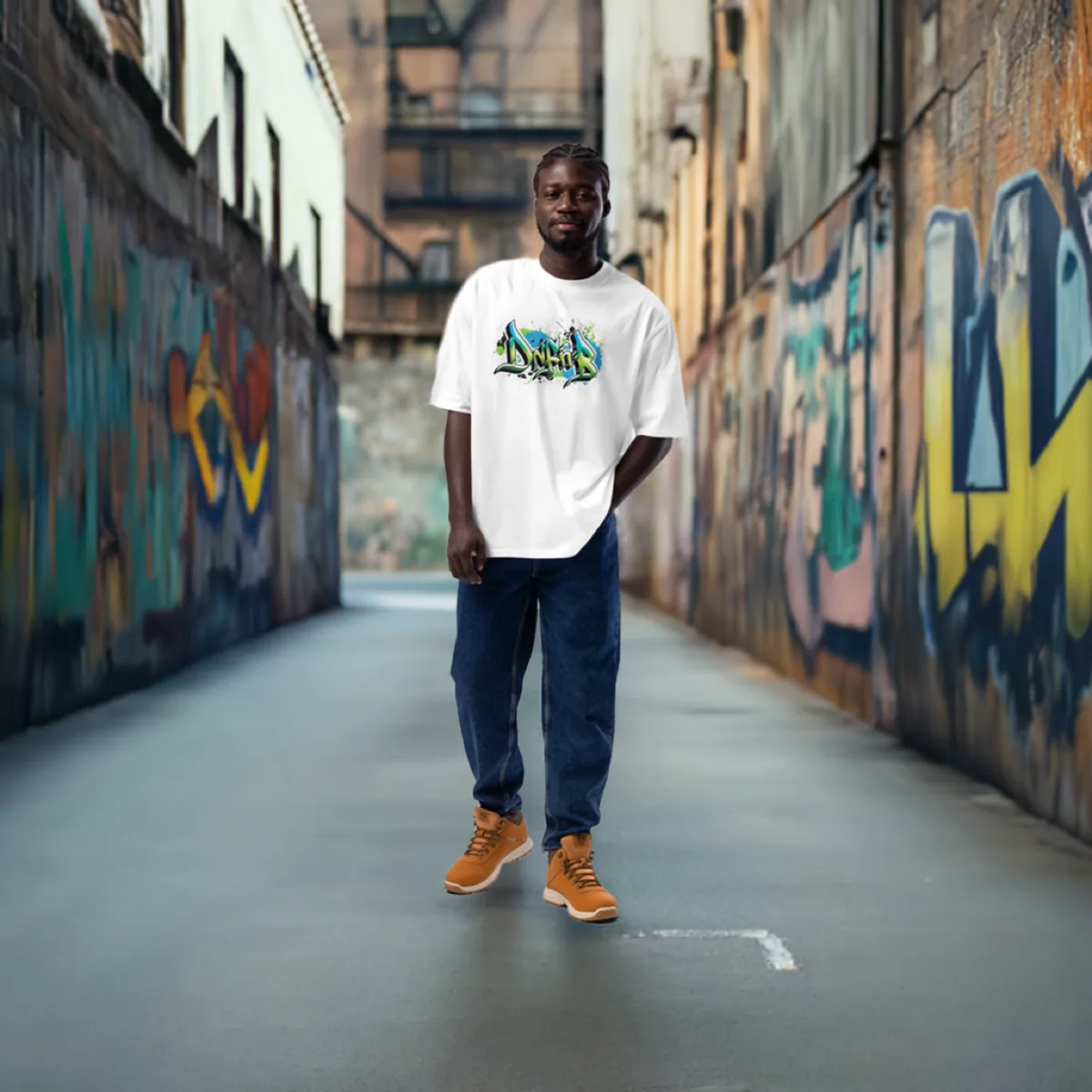 A man wearing DnF'nB Oversized Graff Tee, white