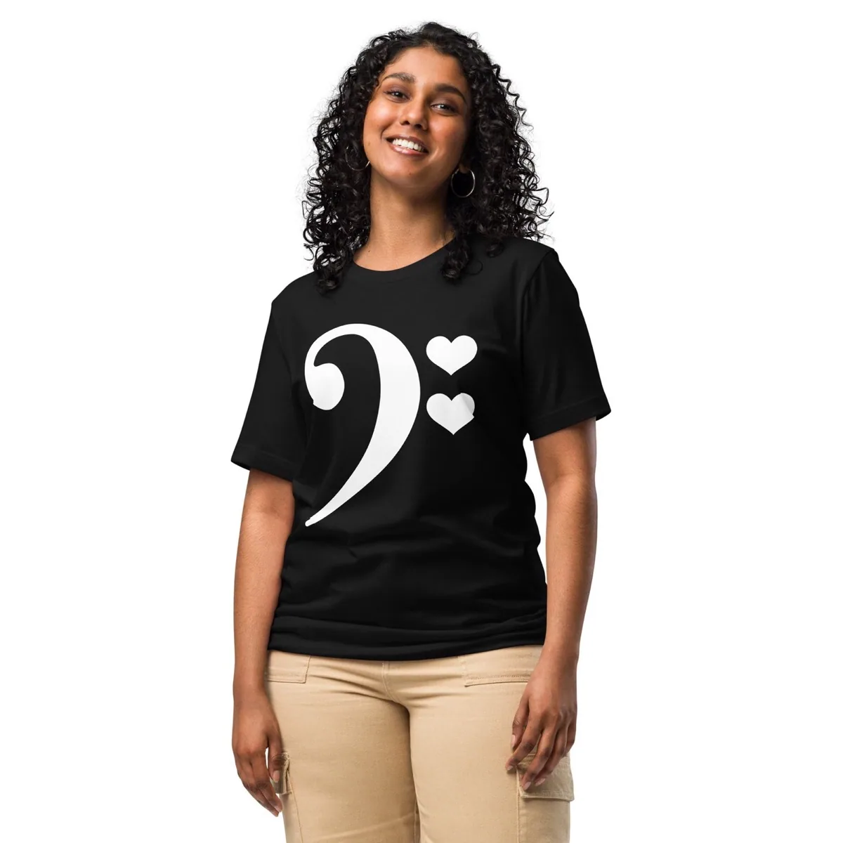 A woman wearing For The Love of Bass Unisex Tee, black