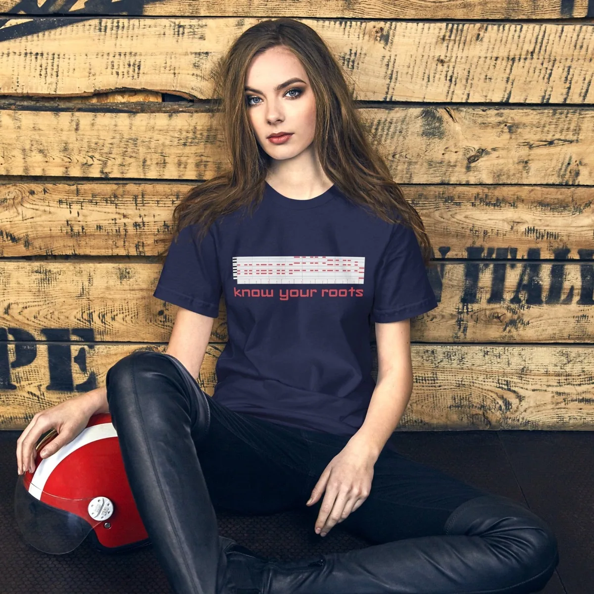 A woman wearing Know Your Roots MIDI Classic Tee, navy