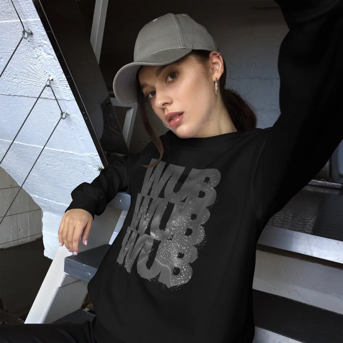 A woman wearing Limited Edition Wub Wub Wub Midnight Unisex Sweatshirt