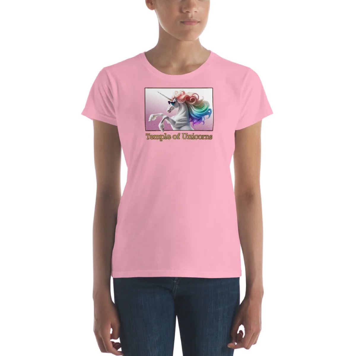 A woman wearing Magic Unicorn Women's Tee, charity pink