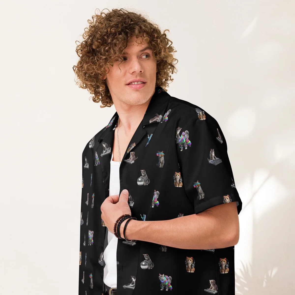 A man wearing Rave Cats Relaxed Fit Button Shirt, black