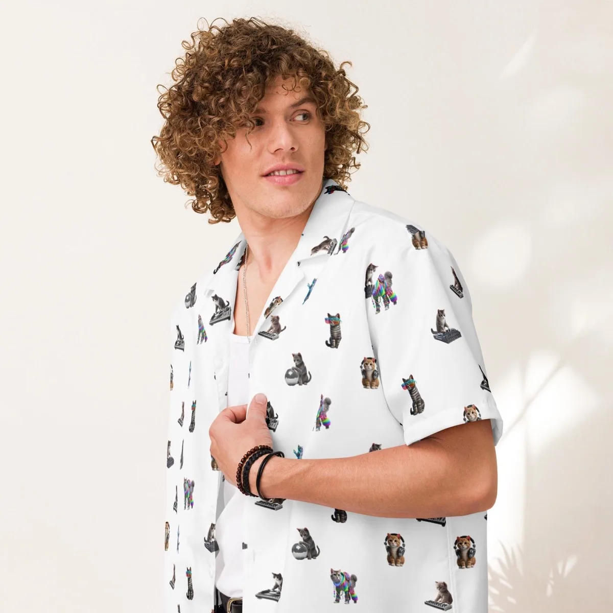 A man wearing Rave Cats Relaxed Fit Button Shirt, white
