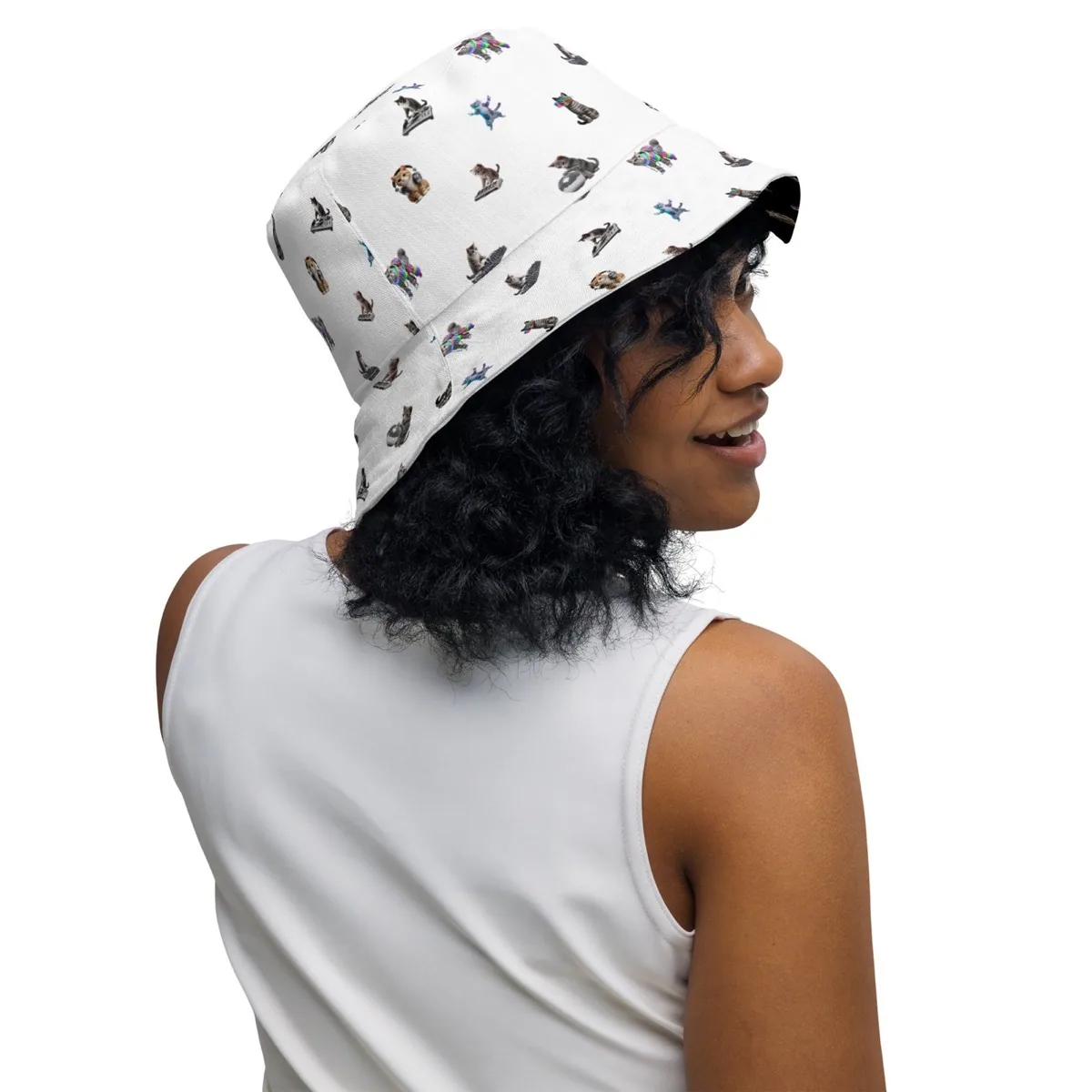 A woman wearing Rave Cats Reversible Bucket Hat, white side