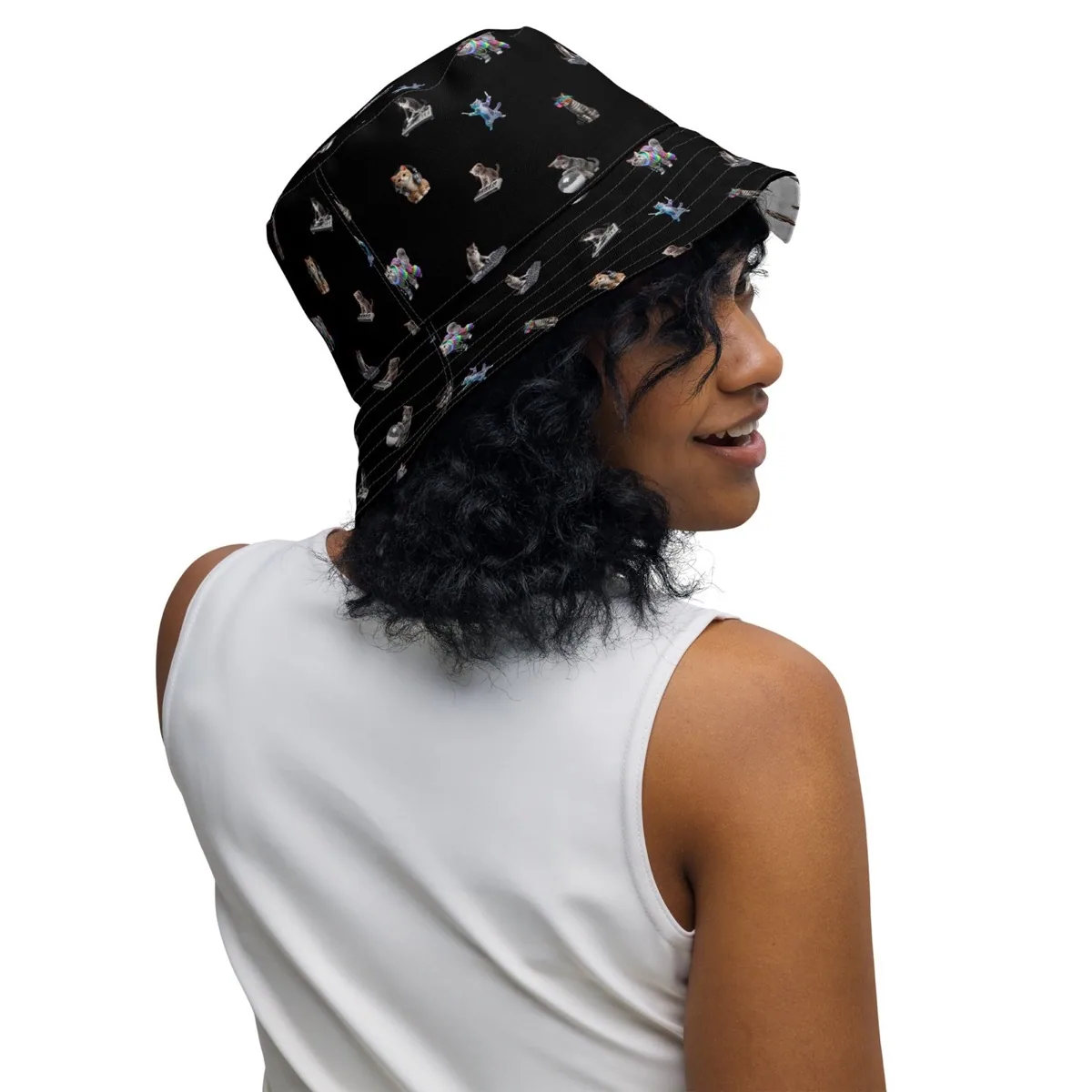 A woman wearing Rave Cats Reversible Bucket Hat, black side