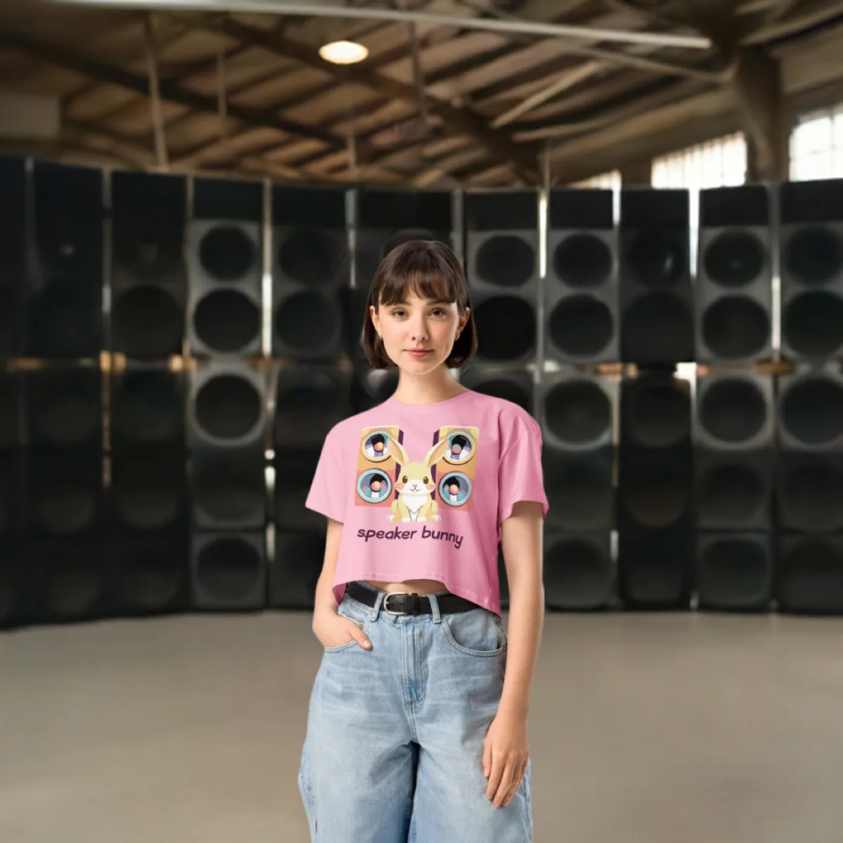 A woman wearing Speaker Bunny Crop Tee, bubblegum