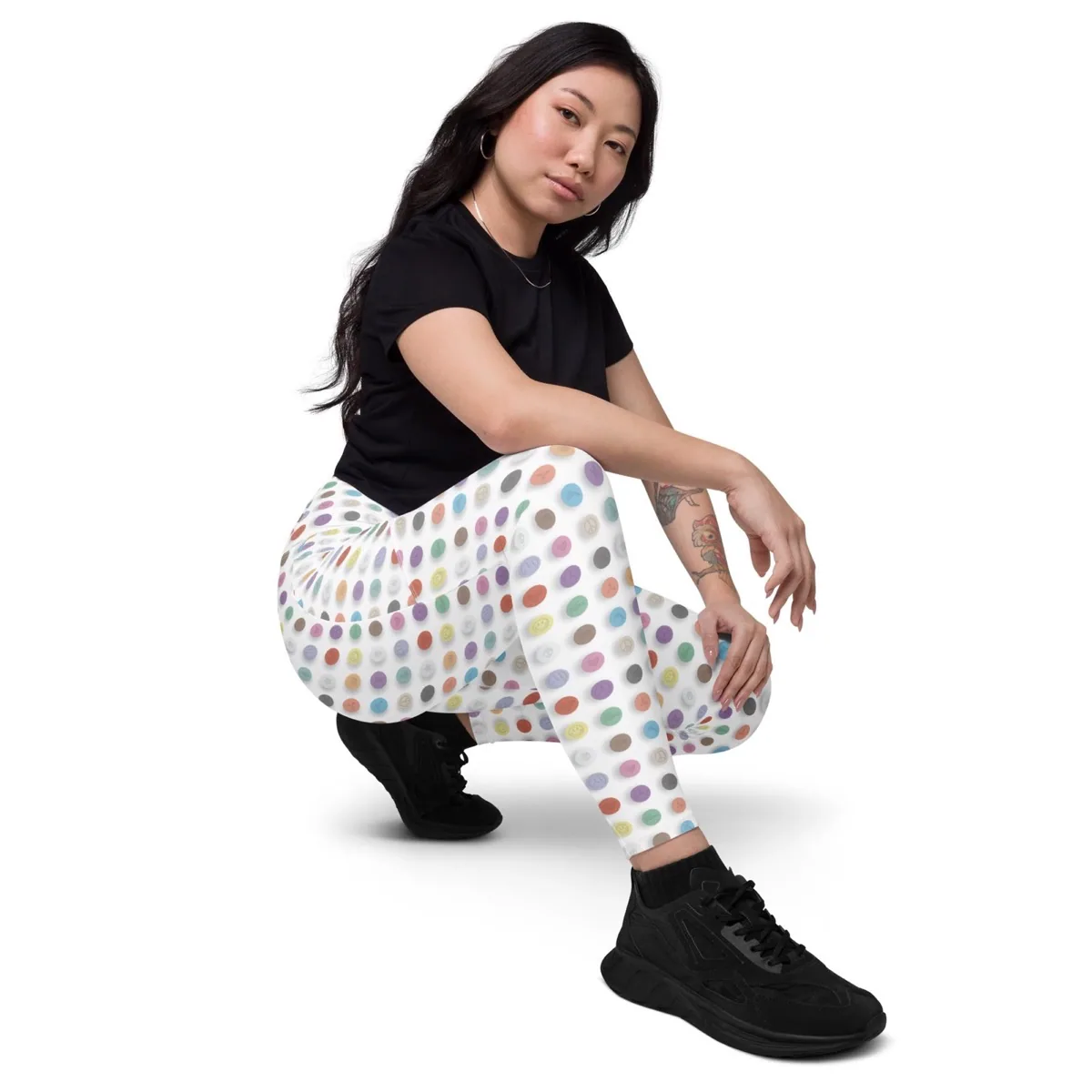 A woman wearing Taste the Rainbow Leggings with Pockets, 3/4 view