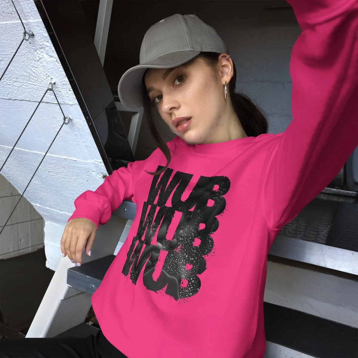 A woman wearing Wub Wub Wub Unisex Sweatshirt, heliconia
