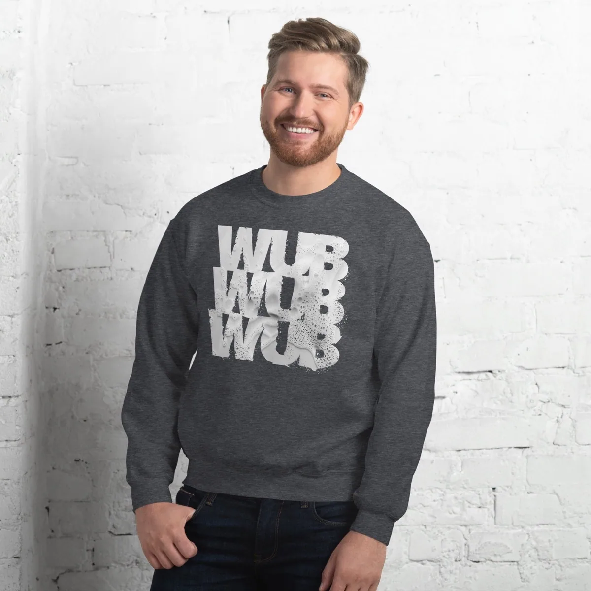 A man wearing Wub Wub Wub Unisex Sweatshirt, dark heather