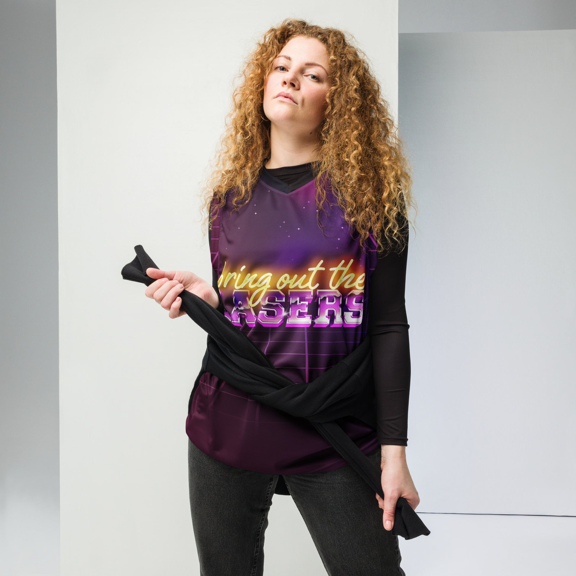 A woman wearing Bring Out the Lasers Rave Jersey