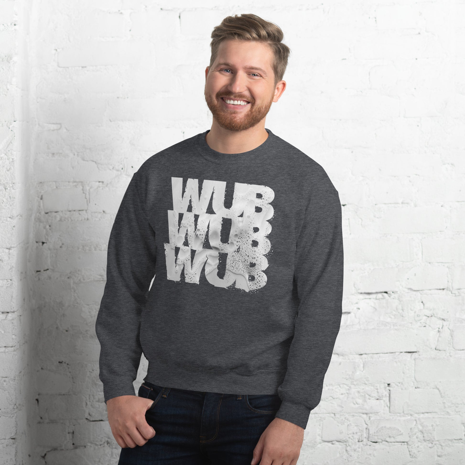 A man wearing Wub Wub Wub Unisex Sweatshirt, dark heather